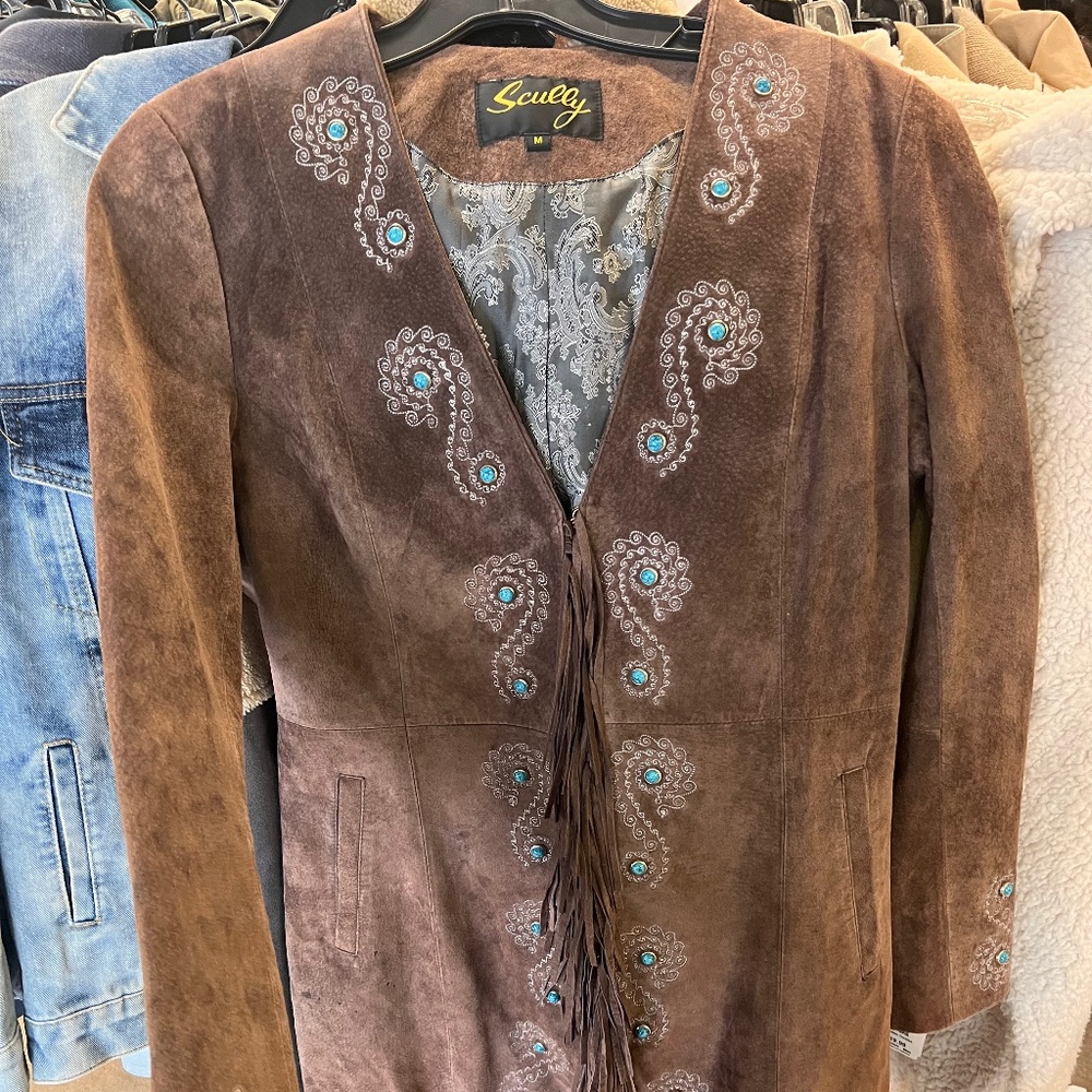 Scully Leather Womens Fringe Silver Embroidered Boar Suede Jacket Expresso